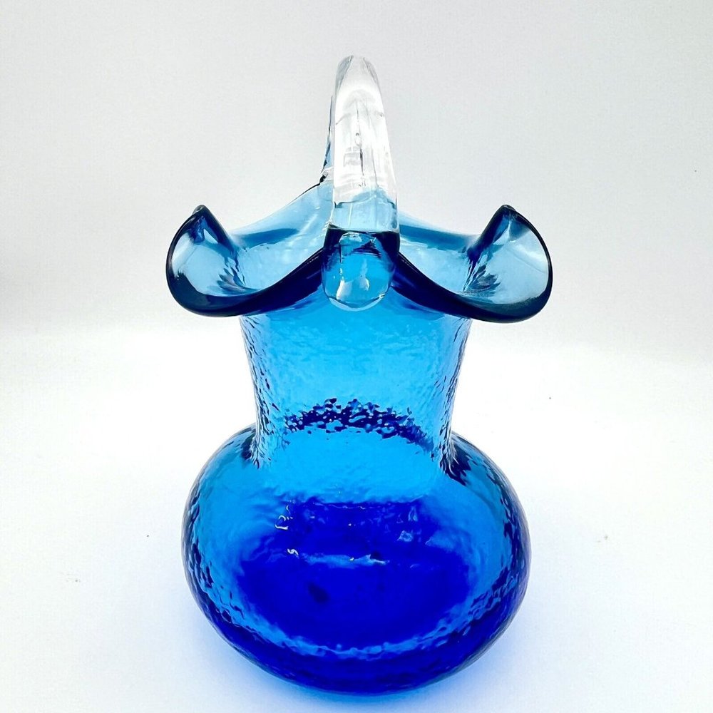 Vintage Cobalt Blue Art Glass Vase Basket Ruffle Rim Pontil Applied Handle 4.5" - Picture 2 of 6